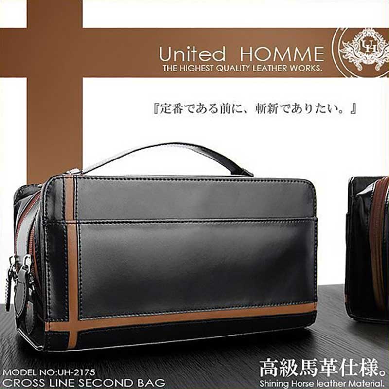 unitedHOMME 本革 馬革 クロスライン セカンドバッグ シンプル コードバン