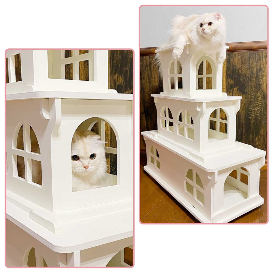 【キャットホワイトキャッスル 3階建て】猫家具 水洗いできる猫のお城 お城型キャットアスレチック キャットファニチャーシリーズ ビス不要 簡単組立 室内用